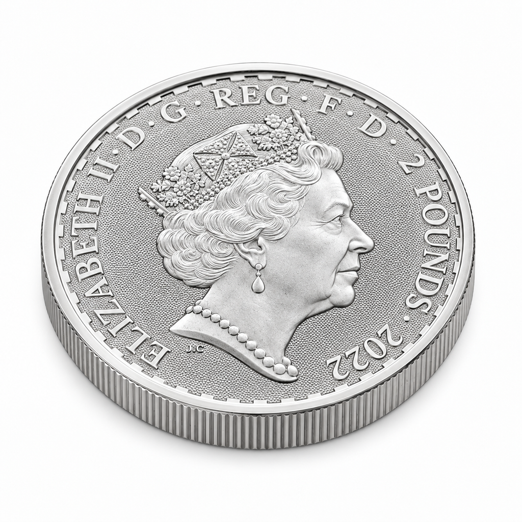 2022 UK Britannia 1 oz silver coin Queen Elizabeth II angled obverse