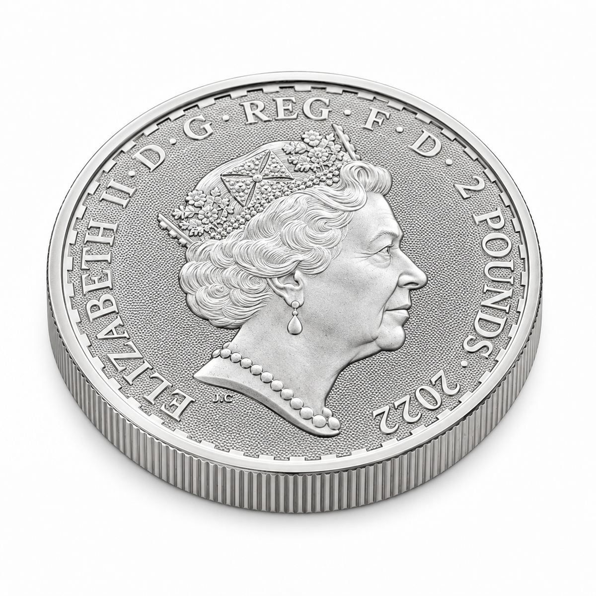 2022 UK Britannia 1 oz silver coin Queen Elizabeth II angled obverse
