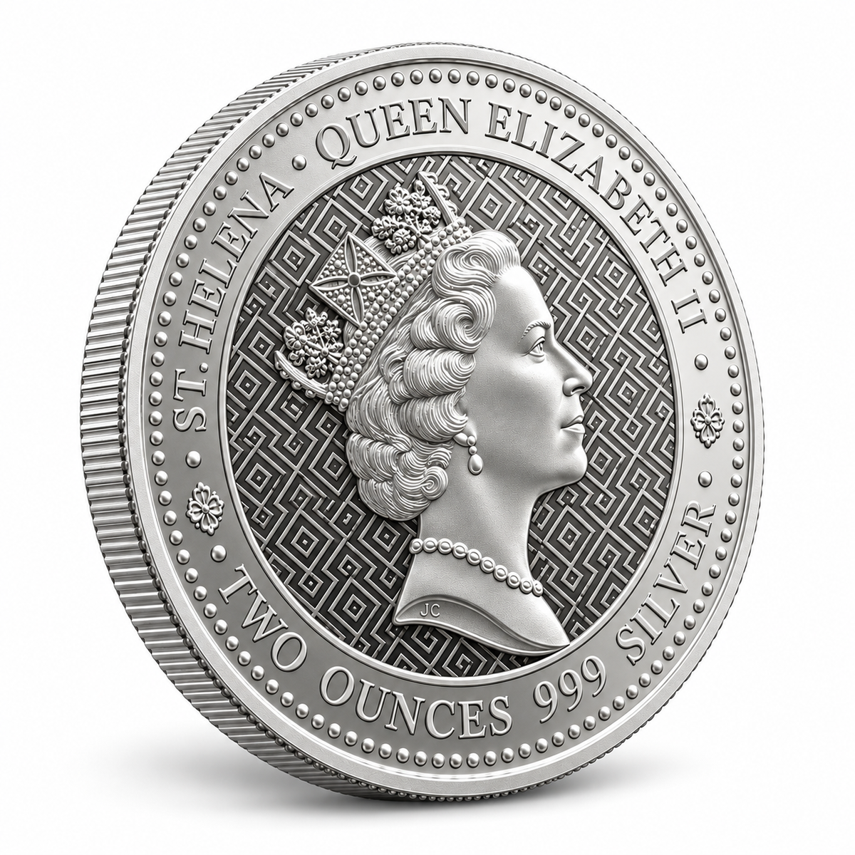 2022 St Helena Queen's Virtues Truth 2 oz silver coin angled obverse