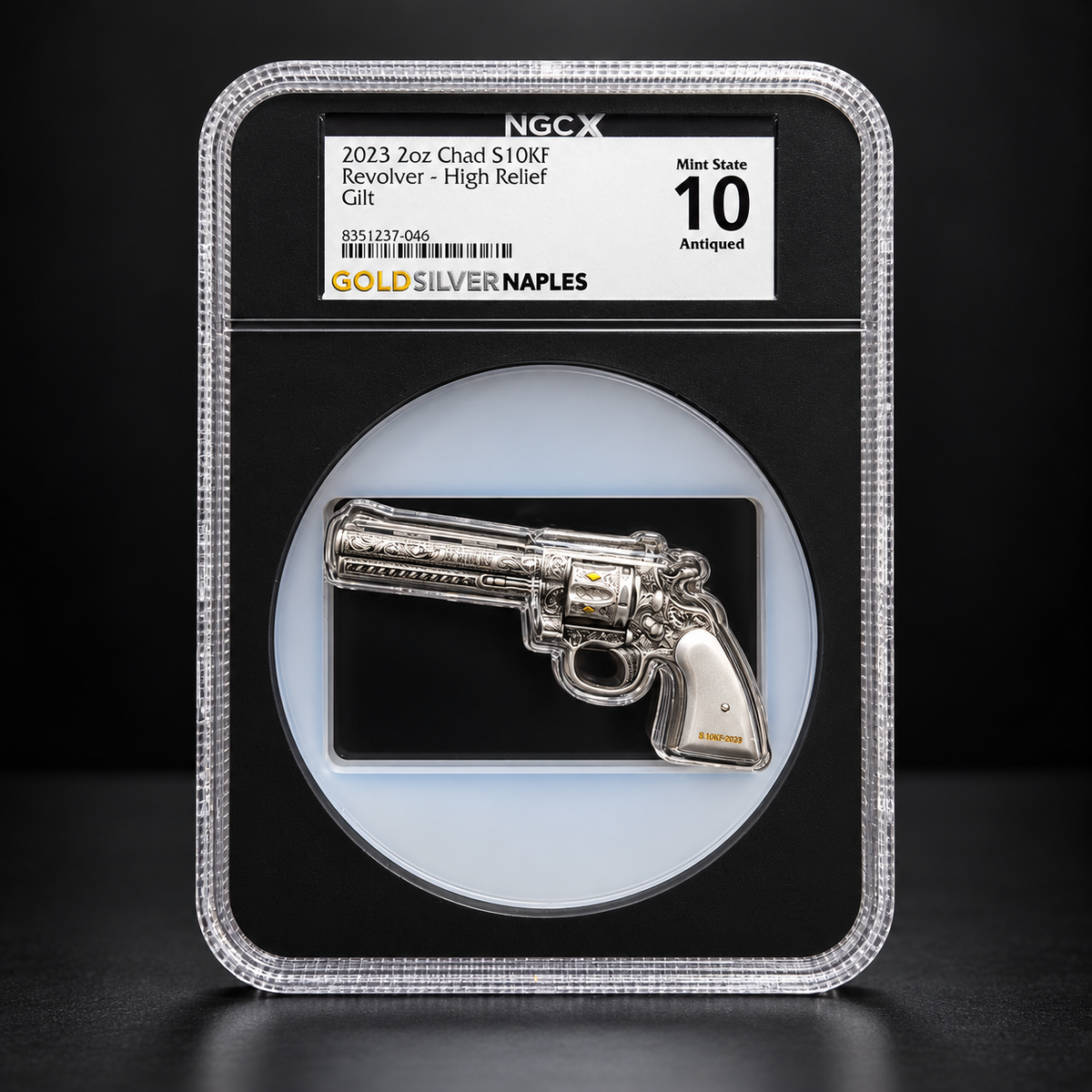 2023 Chad 2oz silver shaped revolver, NGCX Mint State 10, front grading label