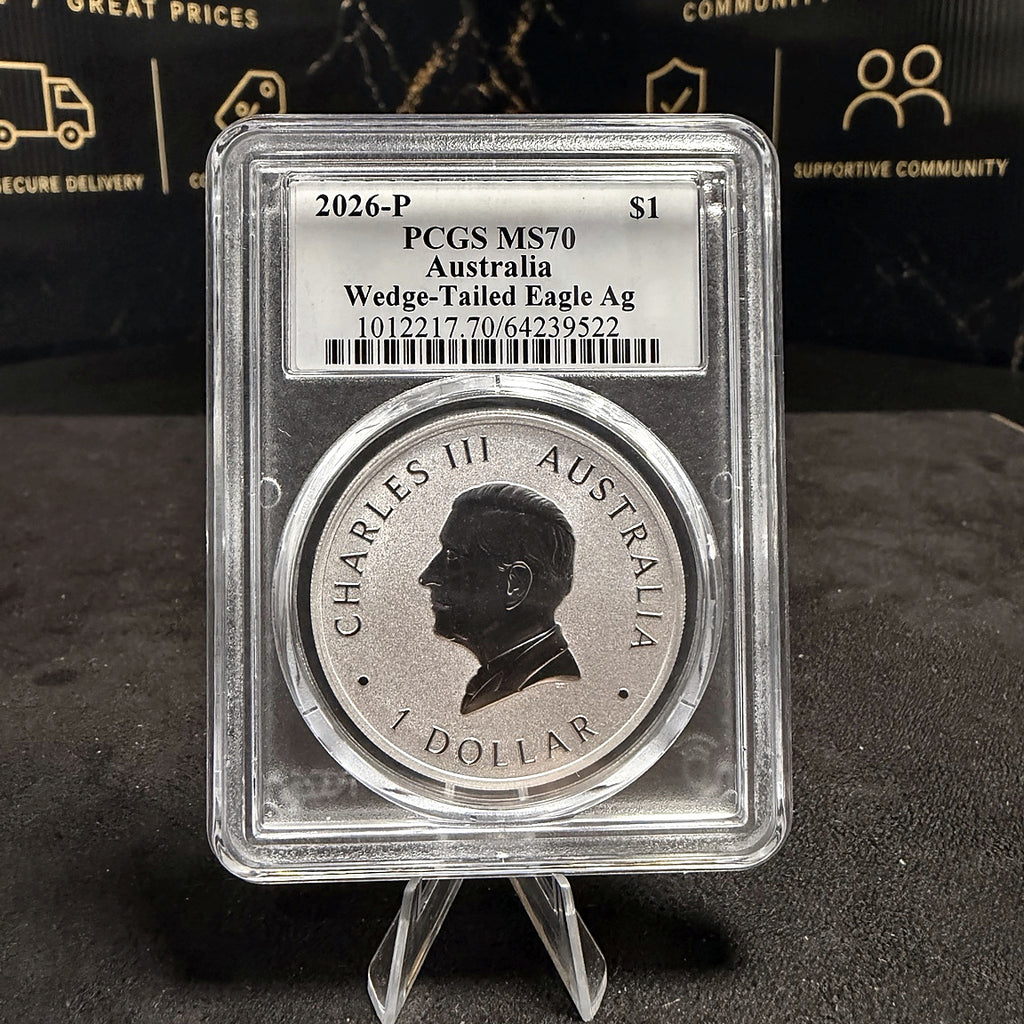 Actual 2026 Australian Wedge-Tailed Eagle PCGS MS70 reverse, King Charles III and PCGS certification 64239522