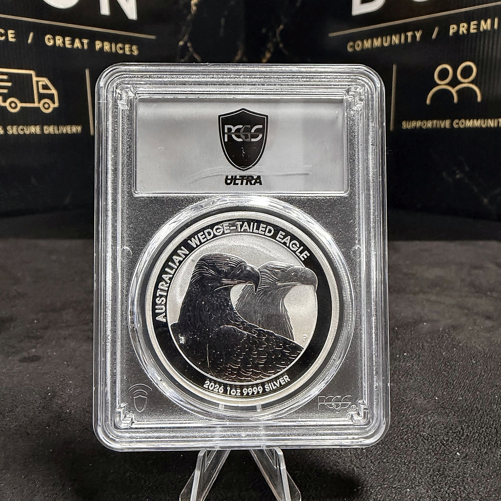 Actual 2026 Australian Wedge-Tailed Eagle silver coin PCGS MS70 front, PCGS Ultra holder with visible scratch near Ultra logo