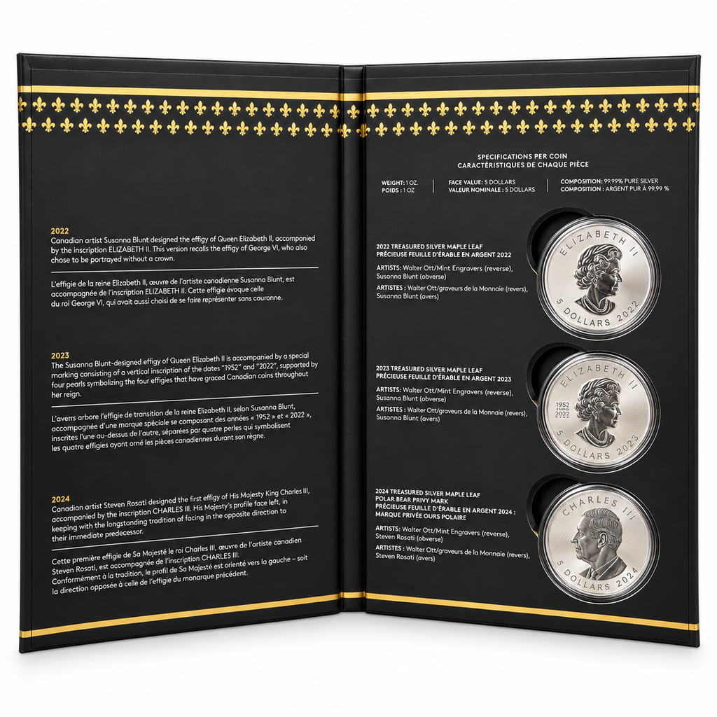 2022–2024 Treasured Maple Leaf Effigies 3-Coin Silver Set – 3 oz | Mintage 5,500