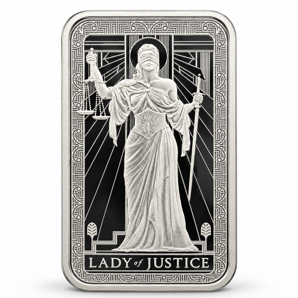 PAMP Lady of Justice 1 oz Silver Bar – .999 Fine Silver | Semi-Proof