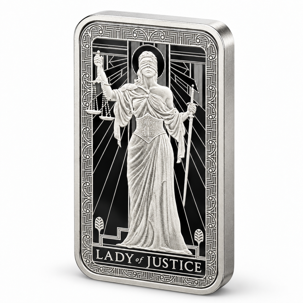 PAMP Lady of Justice 1 oz Silver Bar – .999 Fine Silver | Semi-Proof