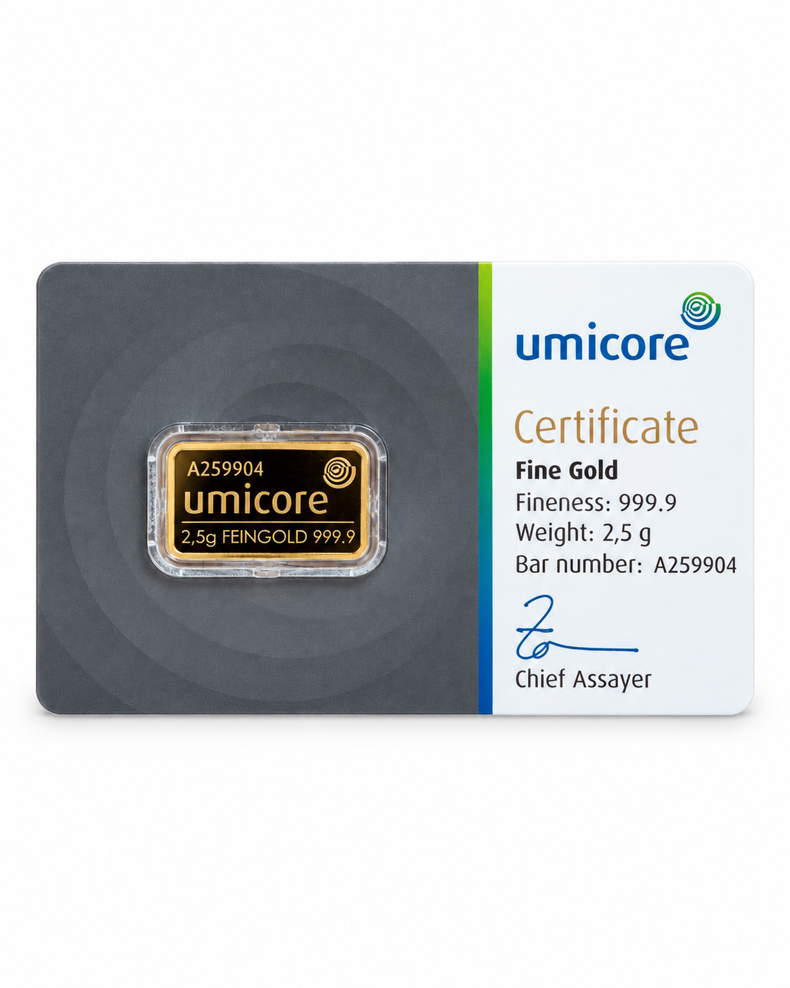 Umicore 2.5g Gold Bar – 999.9 Fine Gold in Certified Assay Card