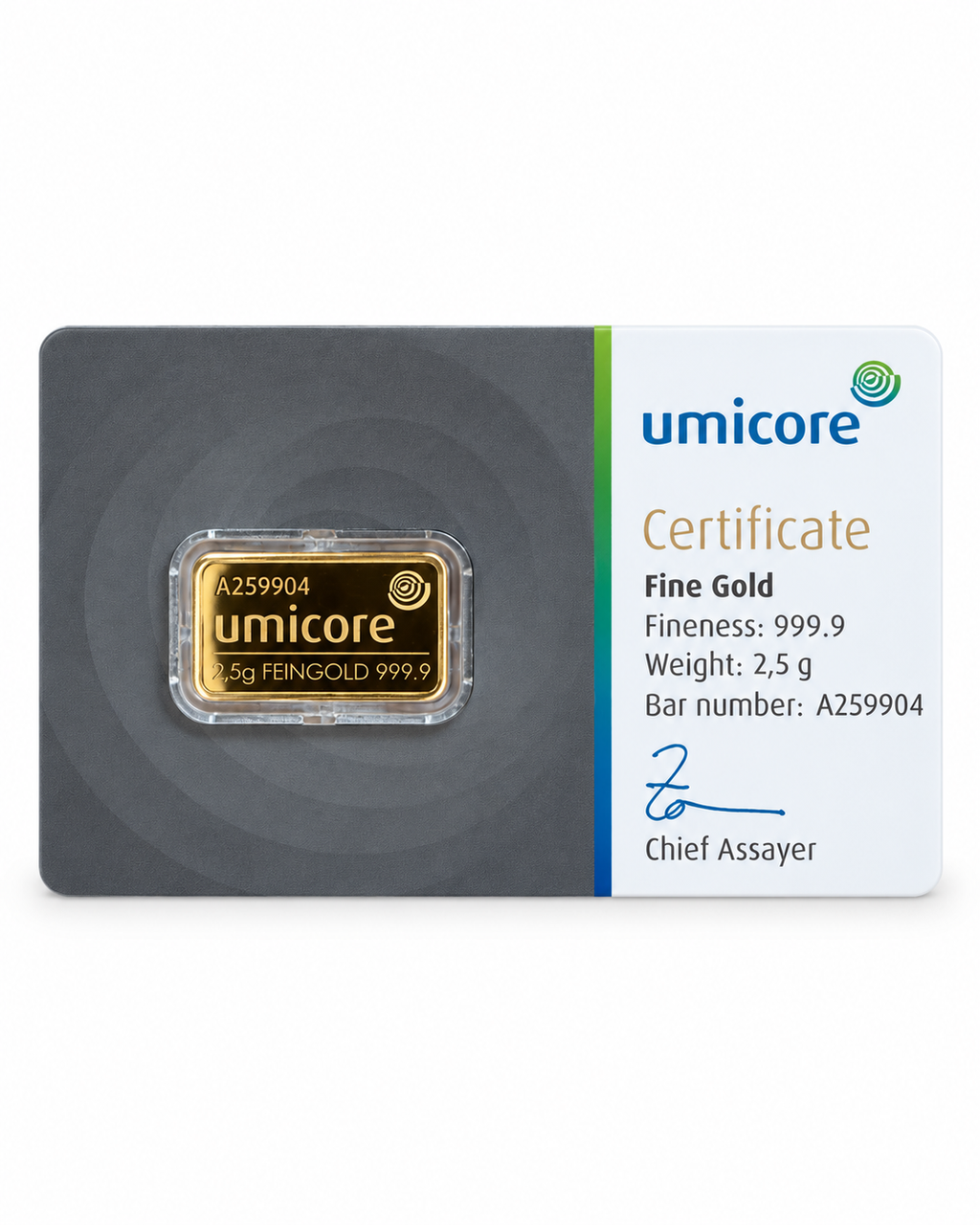 Umicore 2.5g Gold Bar – 999.9 Fine Gold in Certified Assay Card