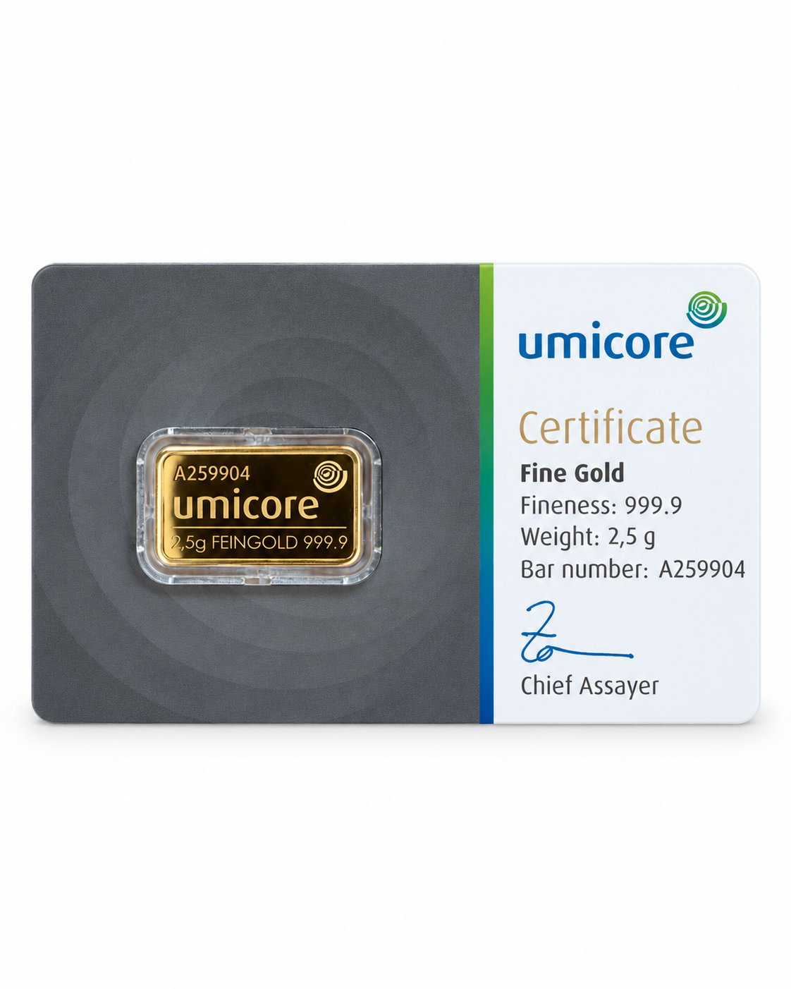 Umicore 2.5g Gold Bar – 999.9 Fine Gold in Certified Assay Card