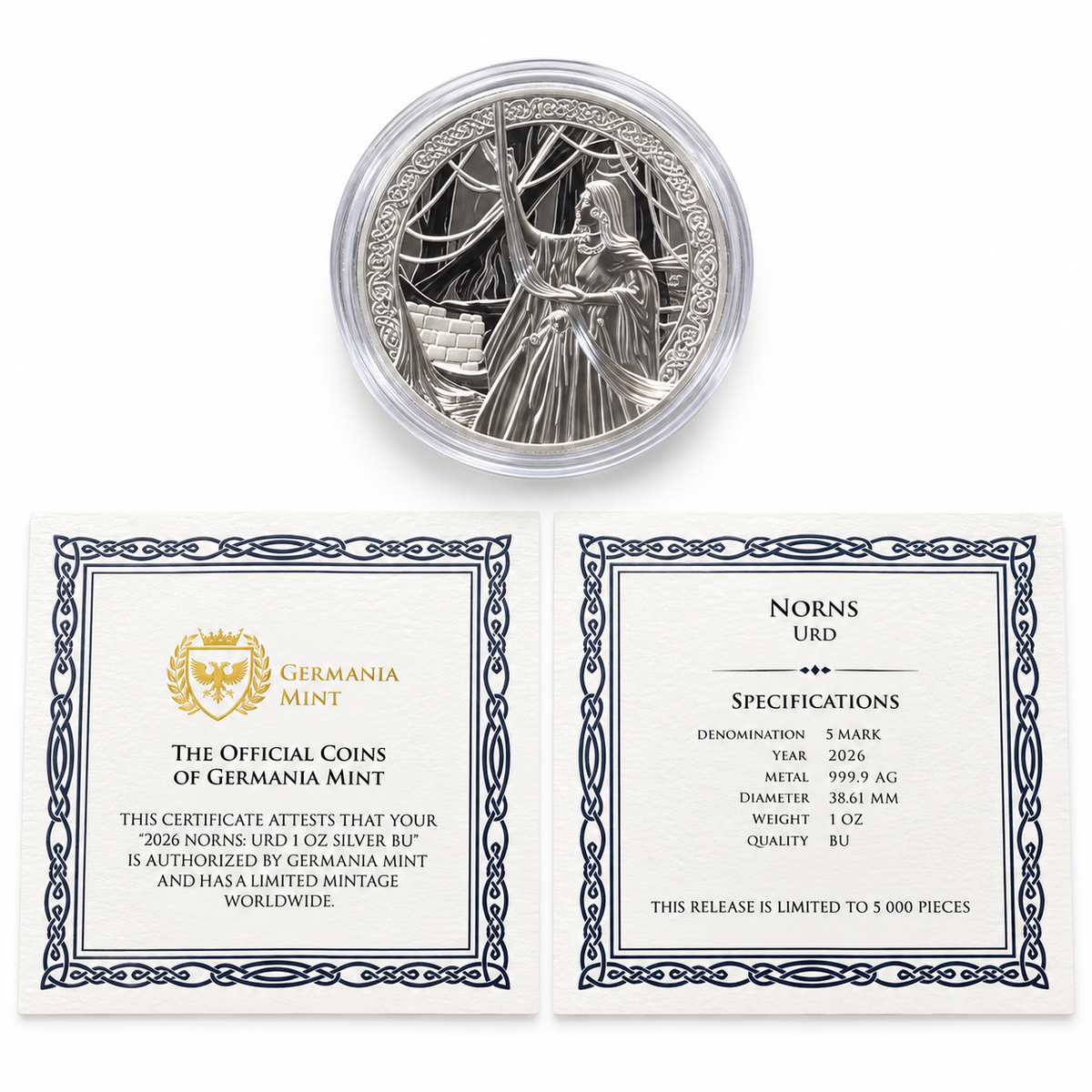 2026 Germania Mint Norns: Urd 1 oz Silver Coin – .9999 Fine Silver – Mintage 5,000
