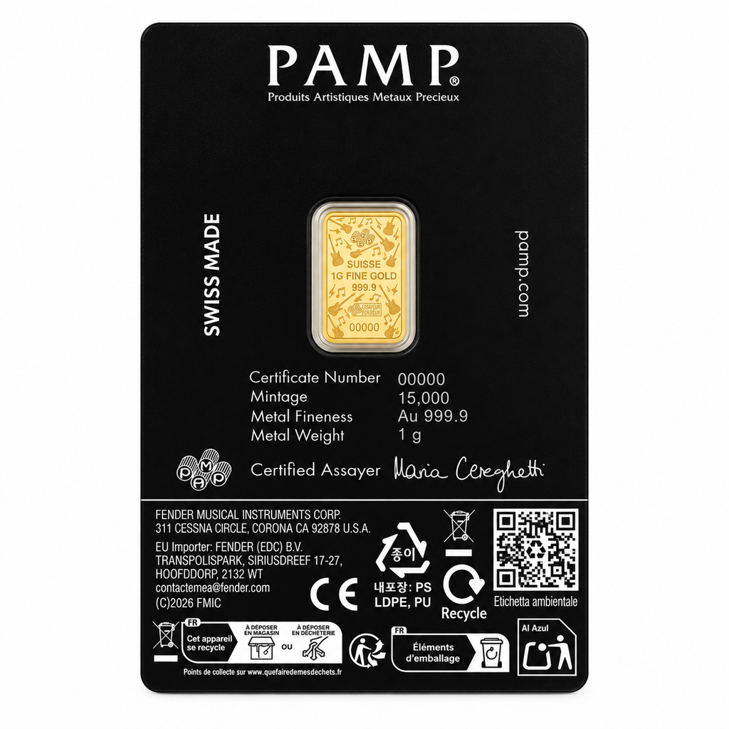 PAMP Suisse certification reverse of Fender 80th Anniversary gold bar assay card, reference image