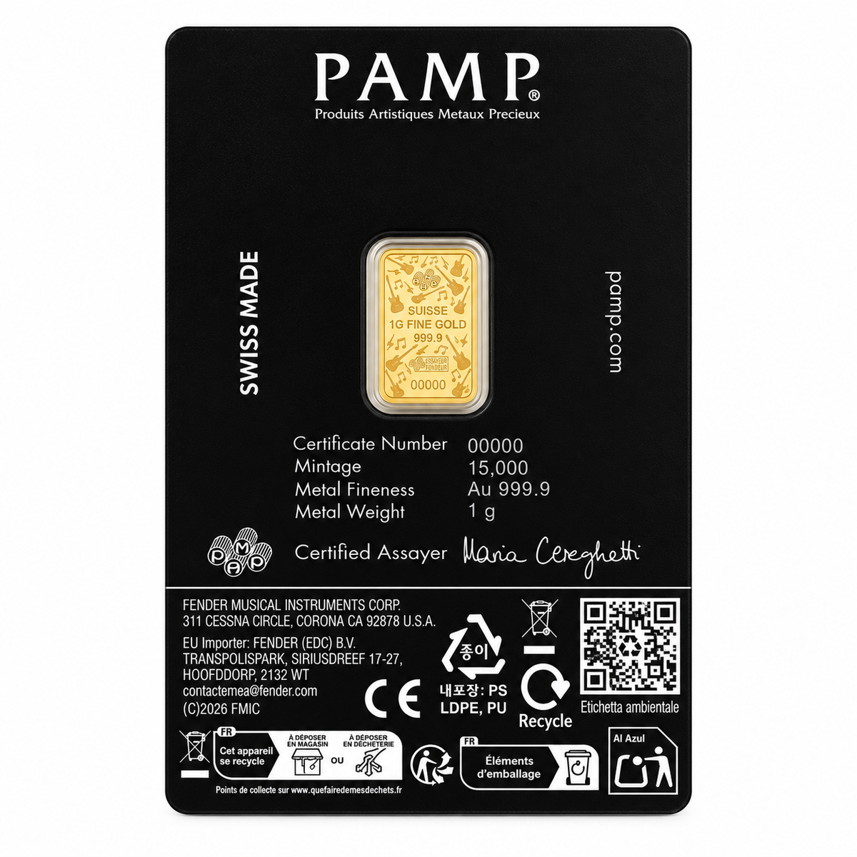 PAMP Suisse certification reverse of Fender 80th Anniversary gold bar assay card, reference image