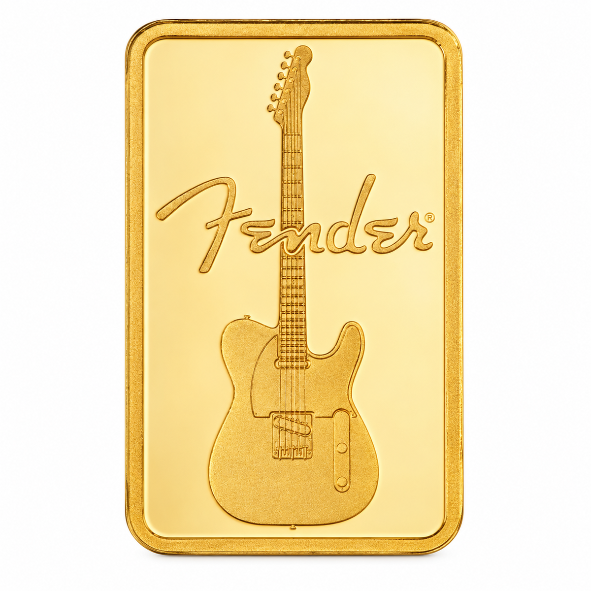 Detailed guitar and Fender logo artwork on 1g gold bar
