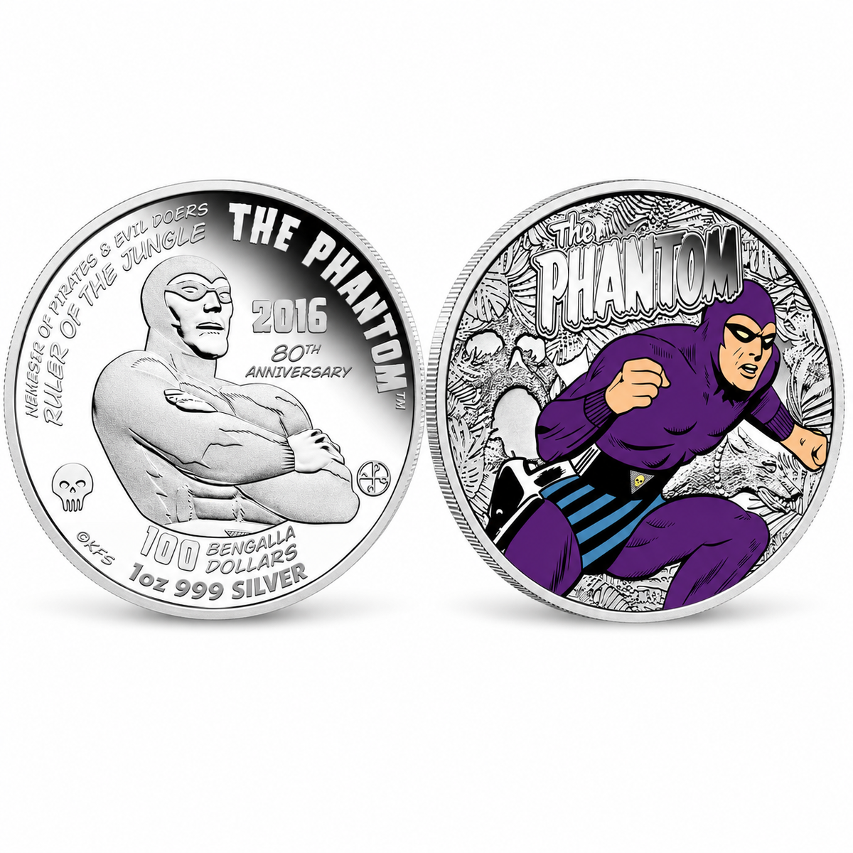 Both sides of 2016 Perth Mint The Phantom 80th Anniversary 1oz silver proof medallion, illustrative image