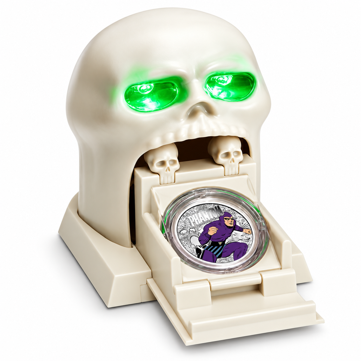 Illustrative image of The Phantom 80th anniversary Skull Cave display with green illuminated eyes and silver medallion