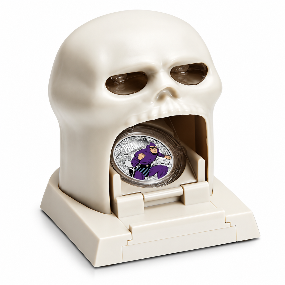 Illustrative unlit Phantom Skull Cave display with silver collectible medallion