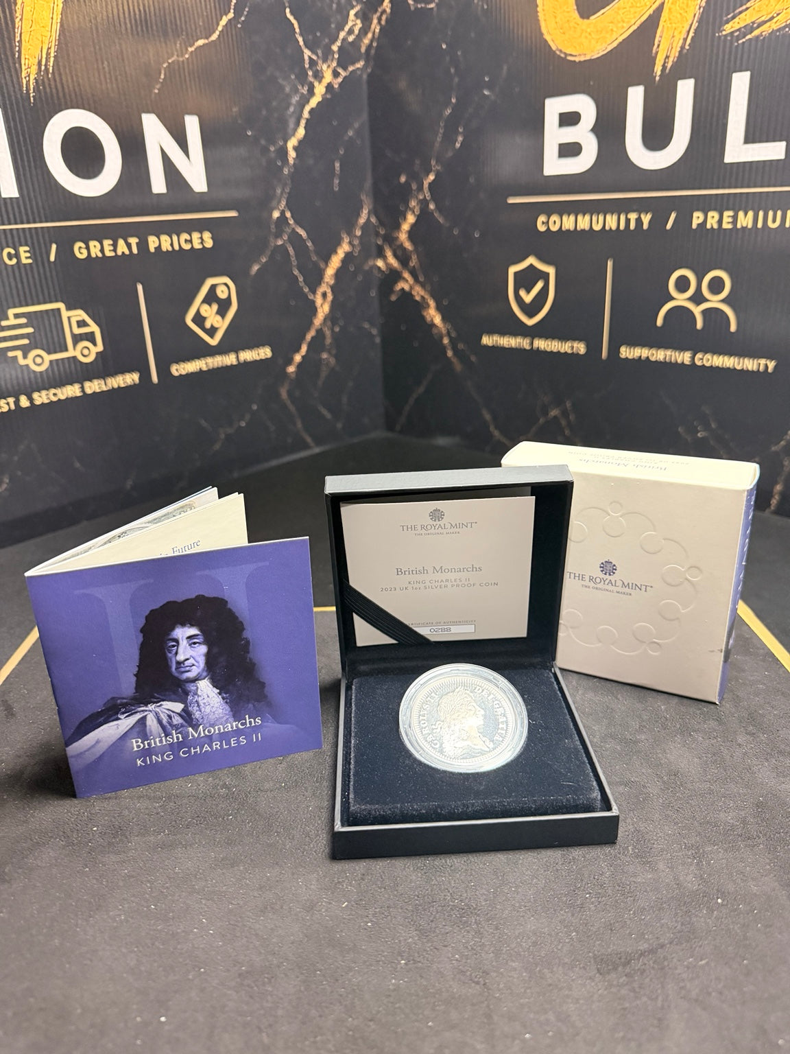 Original photograph: the actual King's silver coin and complete presentation box