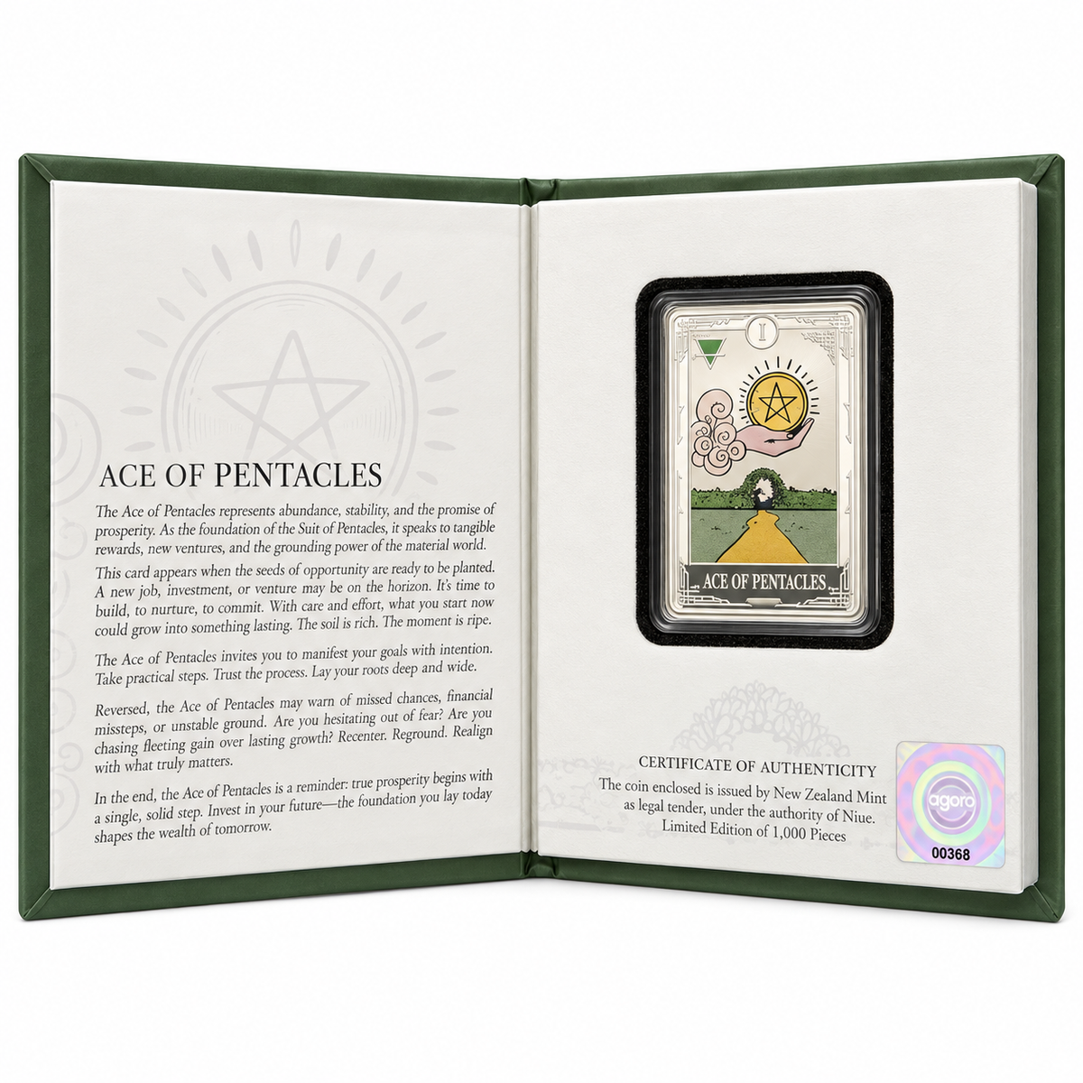 Agoro Ace of Pentacles 1 oz silver collectible coin open presentation case