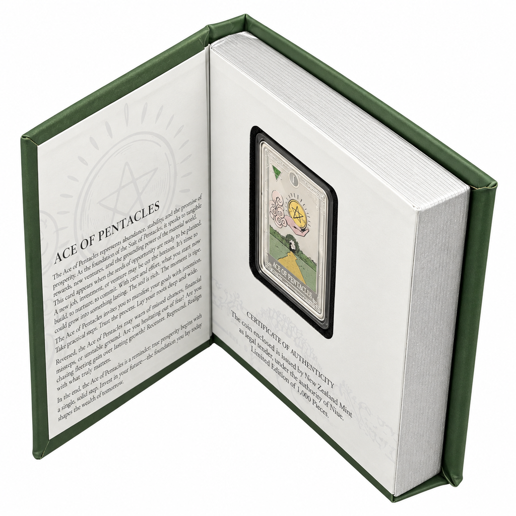 Agoro Ace of Pentacles open presentation box with certificate
