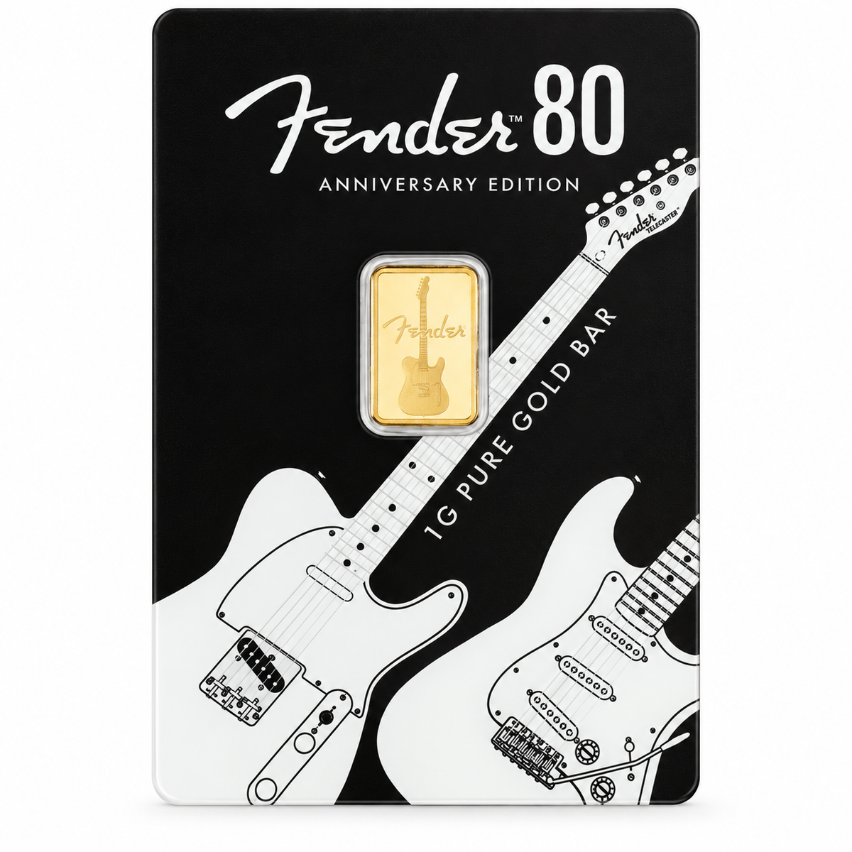 2026 PAMP Fender 80th Anniversary 1g .9999 gold bar in commemorative Fender-themed assay card