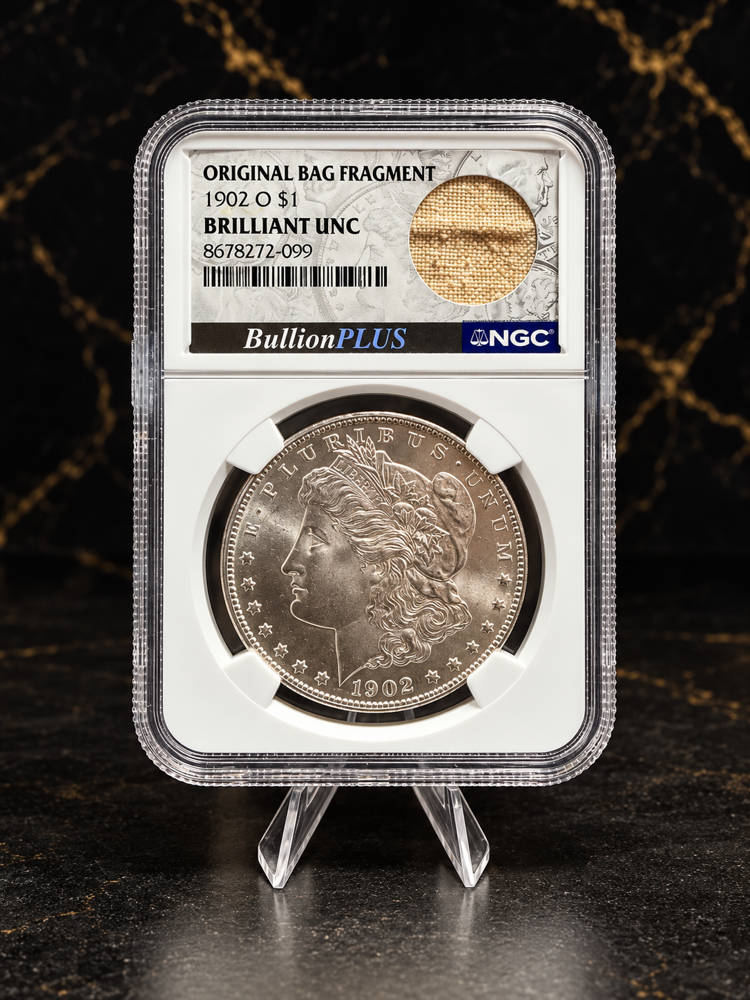 1902-O Morgan Silver Dollar NGC Brilliant UNC BullionPLUS bag-fragment label obverse and cert 8678272-099