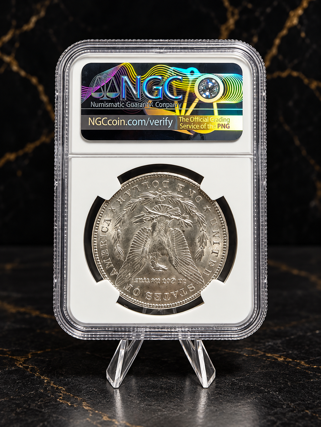1902-O NGC Morgan Dollar back of holder and reverse, enhanced photo