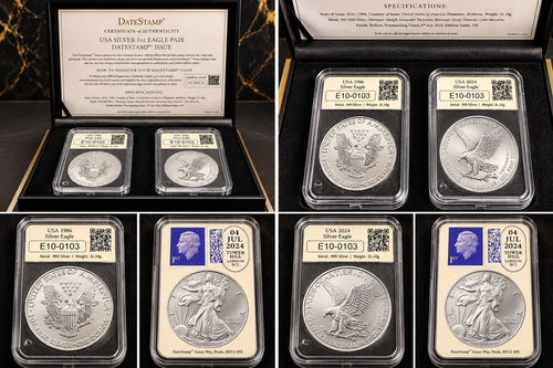 Both sides of 1986 and 2024 American Silver Eagles, DateStamp holders, 4 July 2024 Royal Mail stamp and matching serial E10-0103