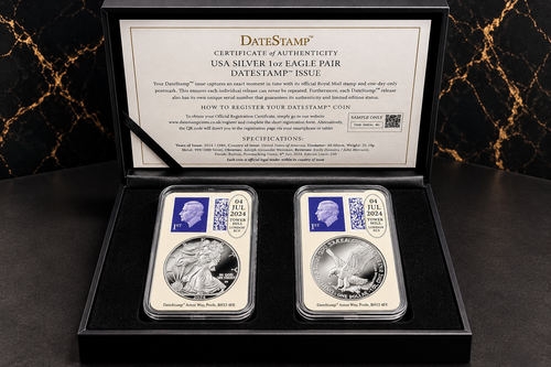 1986 and 2024 Silver Eagle DateStamp 2oz collector set, original fitted black box and Certificate of Authenticity, issue E10-0103