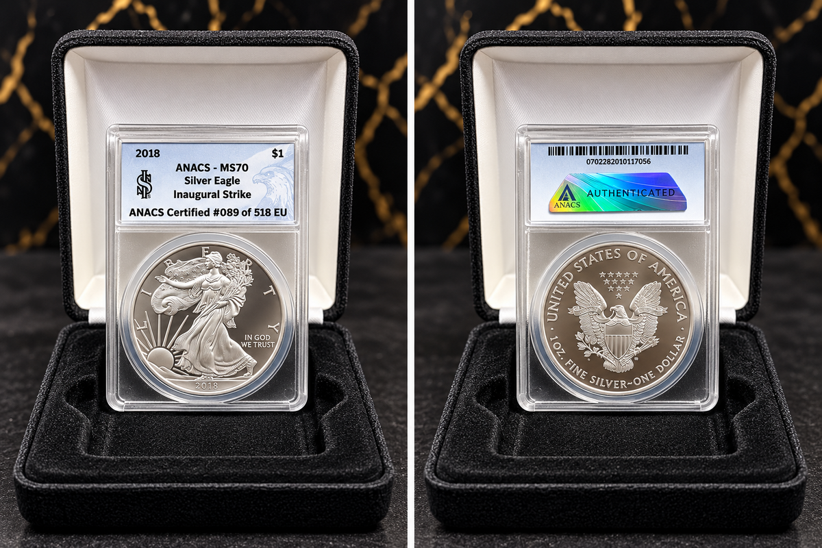 2018 Silver Eagle ANACS MS70 Inaugural Strike label certified #089 of 518 EU, both sides shown with case