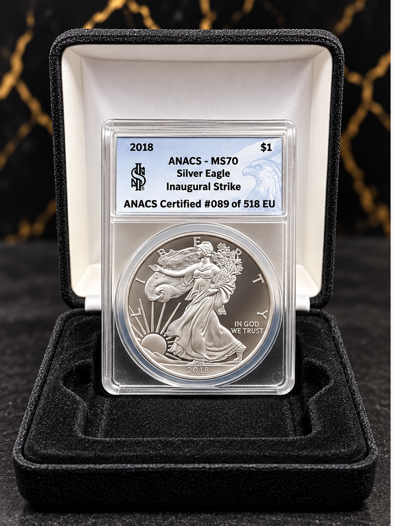 Front of 2018 ANACS MS70 Inaugural Strike American Silver Eagle, Walking Liberty, #089 of 518 EU