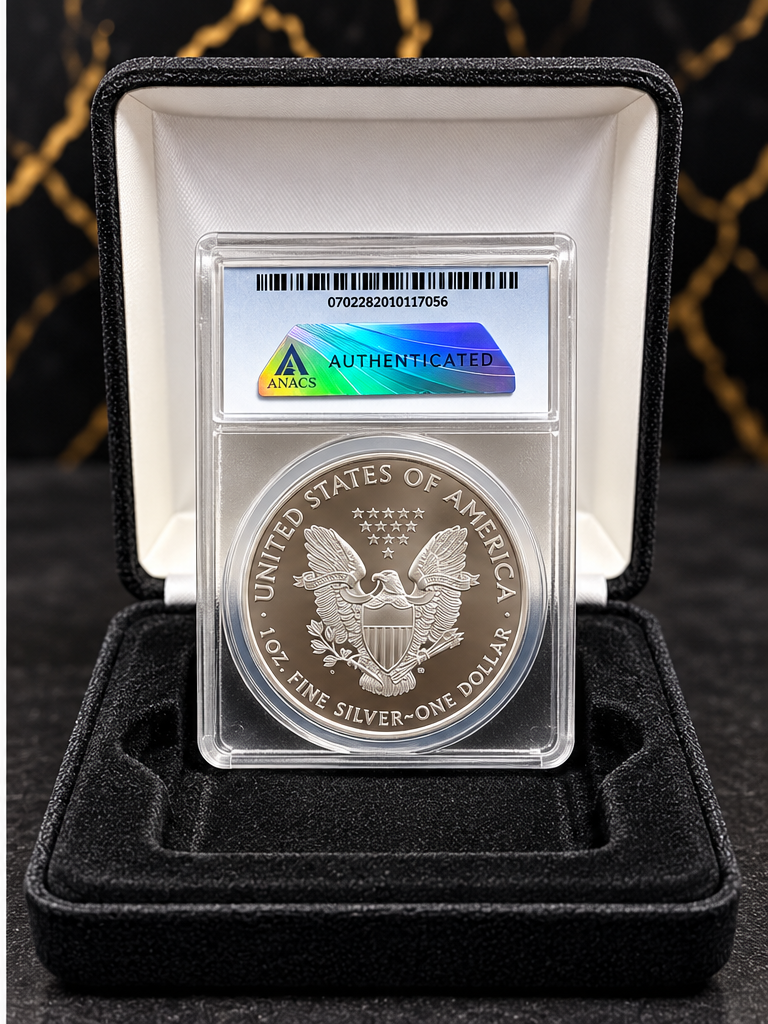 Reverse of 2018 ANACS MS70 graded 1oz American Silver Eagle and hologram on slab