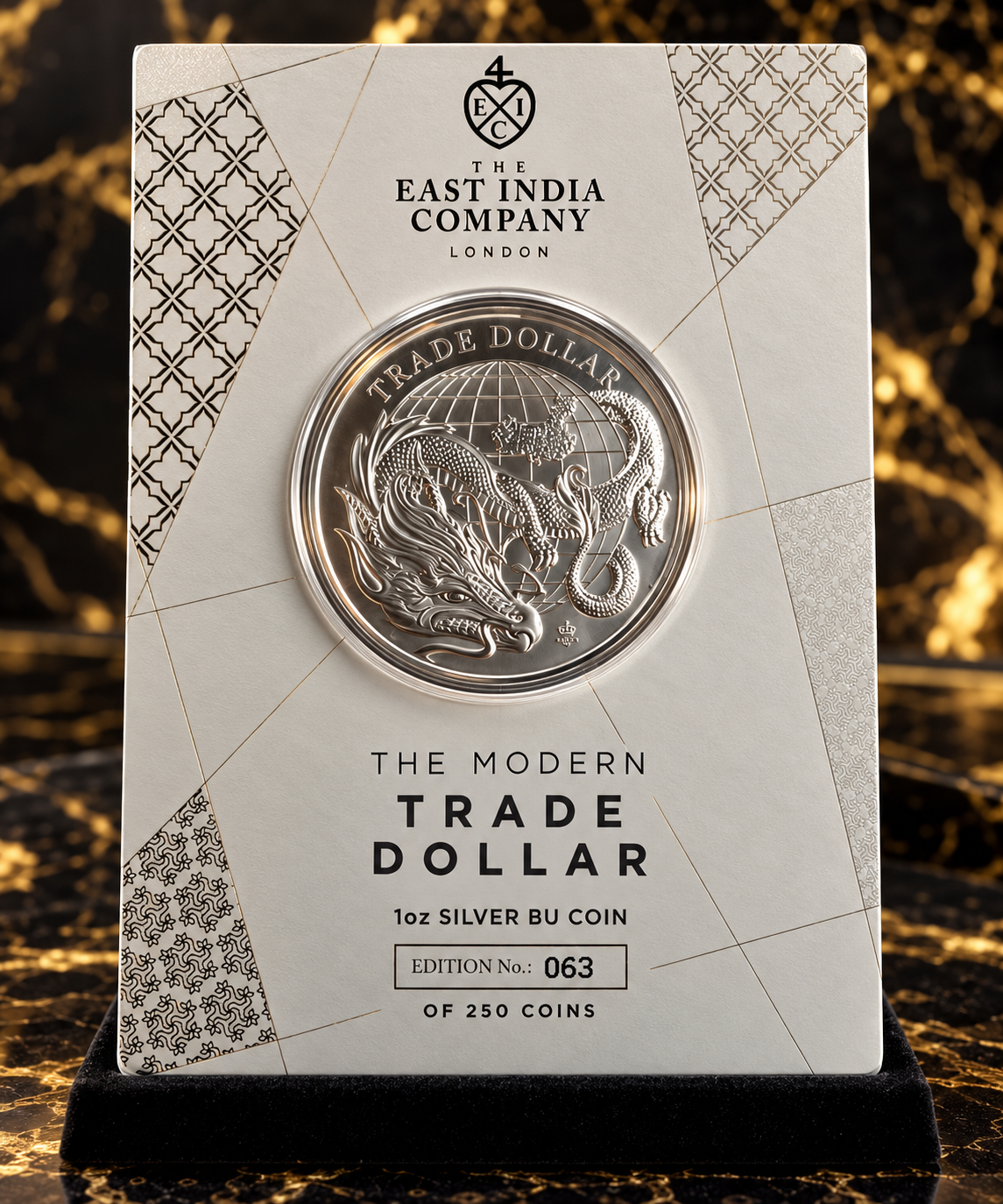 Styled product illustration of Modern Chinese Trade Dollar numbered presentation card on black and gold marble backdrop