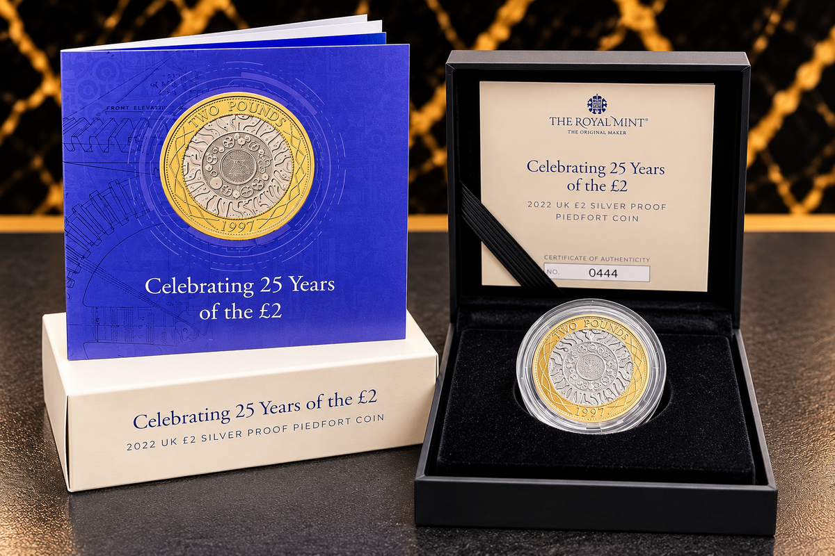 2022 Celebrating 25 Years of the £2 24g Silver Proof Piedfort Royal Mint boxed set and numbered COA 0444