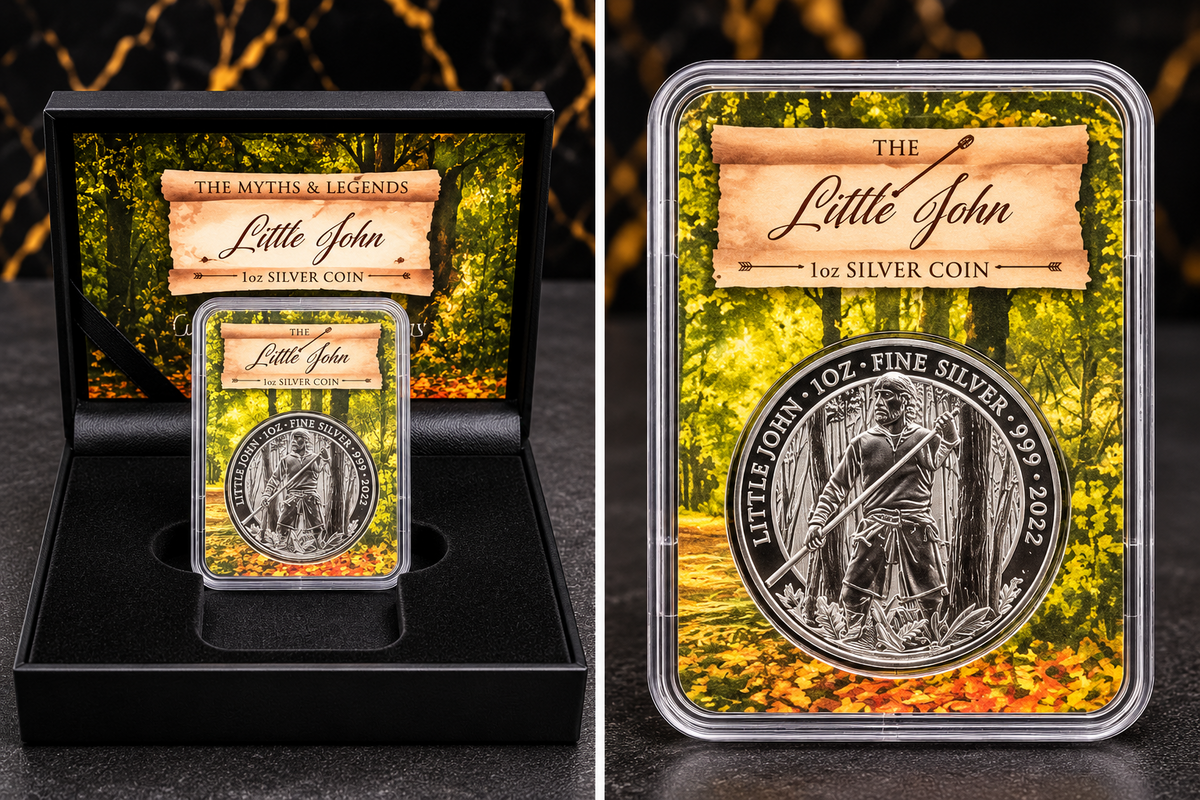 2022 The Royal Mint Little John Myths and Legends 1oz .999 fine silver £2 bullion coin in illustrated forest collector holder and black presentation box