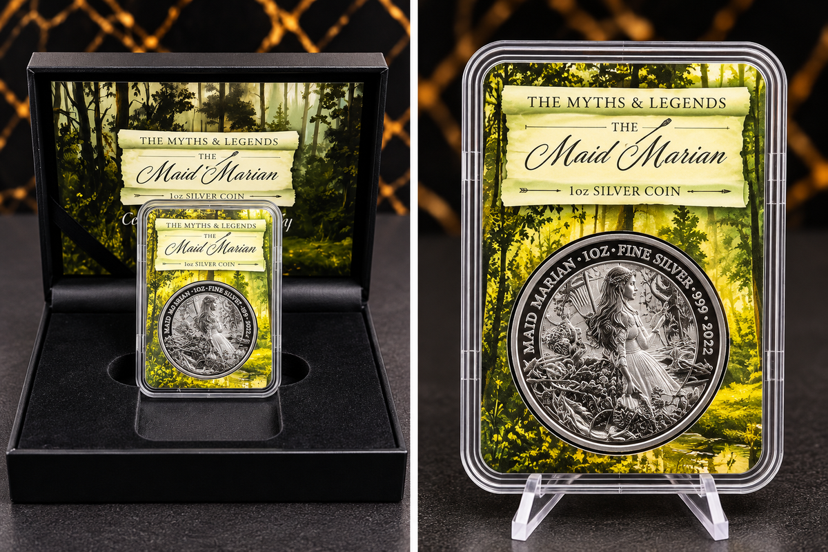 Actual 2022 Royal Mint Maid Marian 1oz .999 silver bullion £2 coin, forest-themed holder and black boxed display; composite product photograph