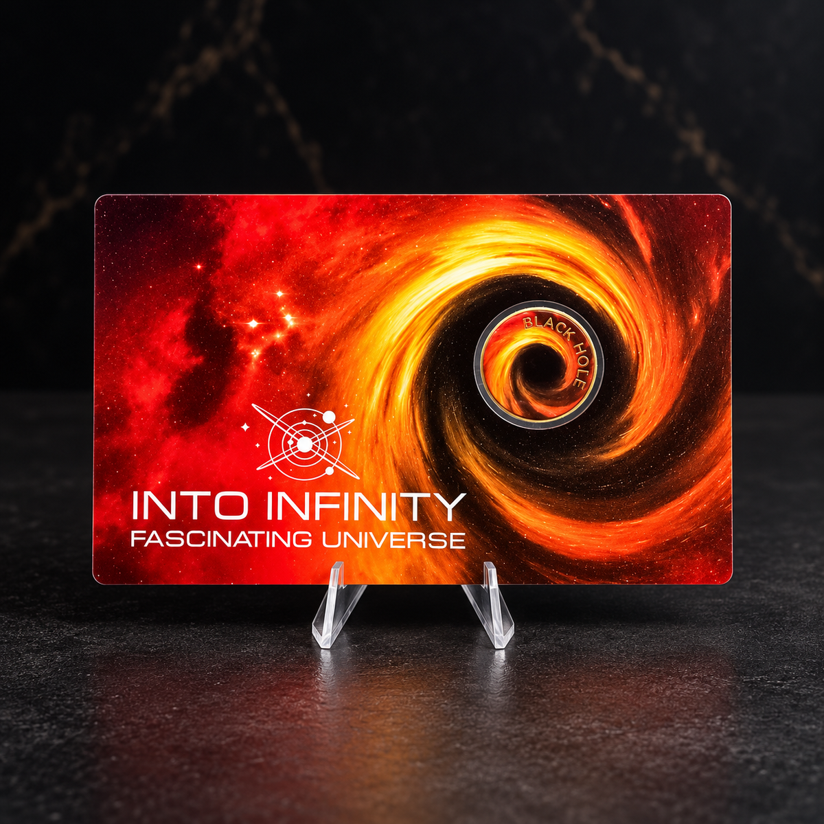 Black Hole Into Infinity 2023 Chad 3000 Francs 1/1000oz gold miniature coin with dramatic outer space themed collector card