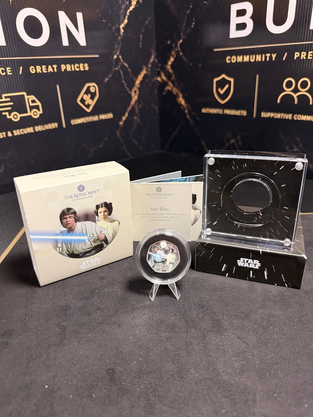 Complete 2023 Luke and Leia 50p coin, Star Wars presentation box, display case, COA booklet