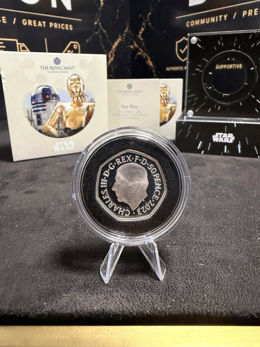 Actual 2023 R2-D2 and C-3PO colour silver proof 50p King Charles III reverse in capsule