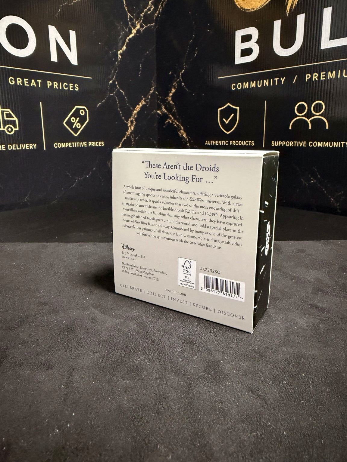 Back of original Royal Mint 2023 R2-D2 and C-3PO Star Wars presentation box