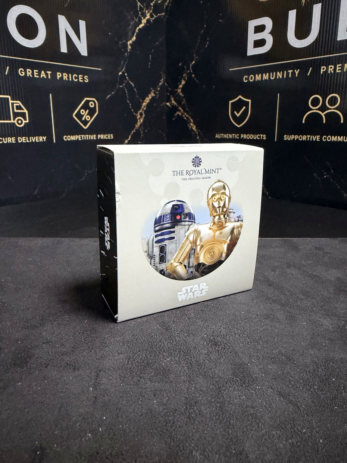 Actual Royal Mint R2-D2 C-3PO Star Wars presentation box showing minor edge wear