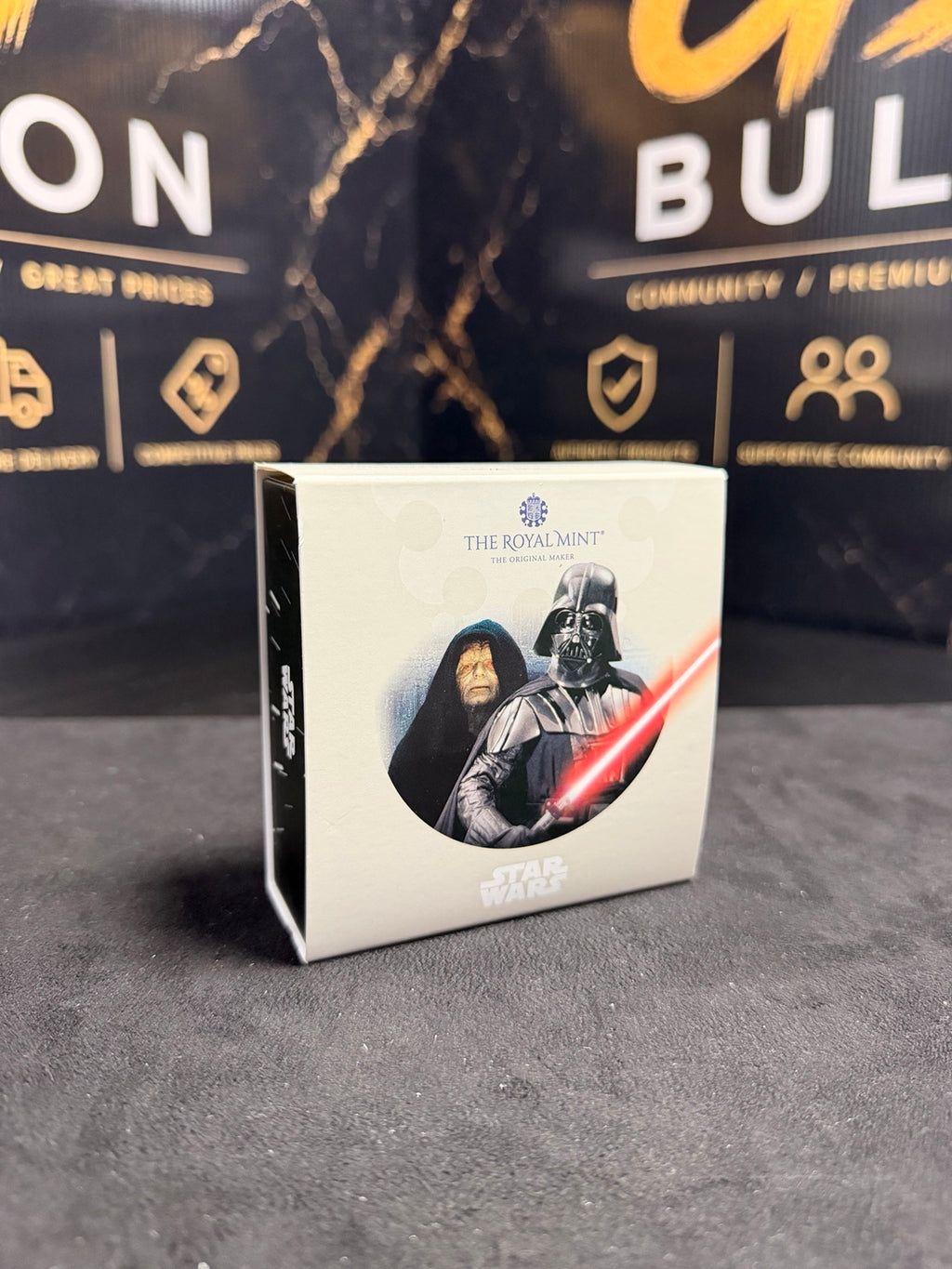 Original 2023 Star Wars Darth Vader Emperor Palpatine Royal Mint presentation box front showing condition