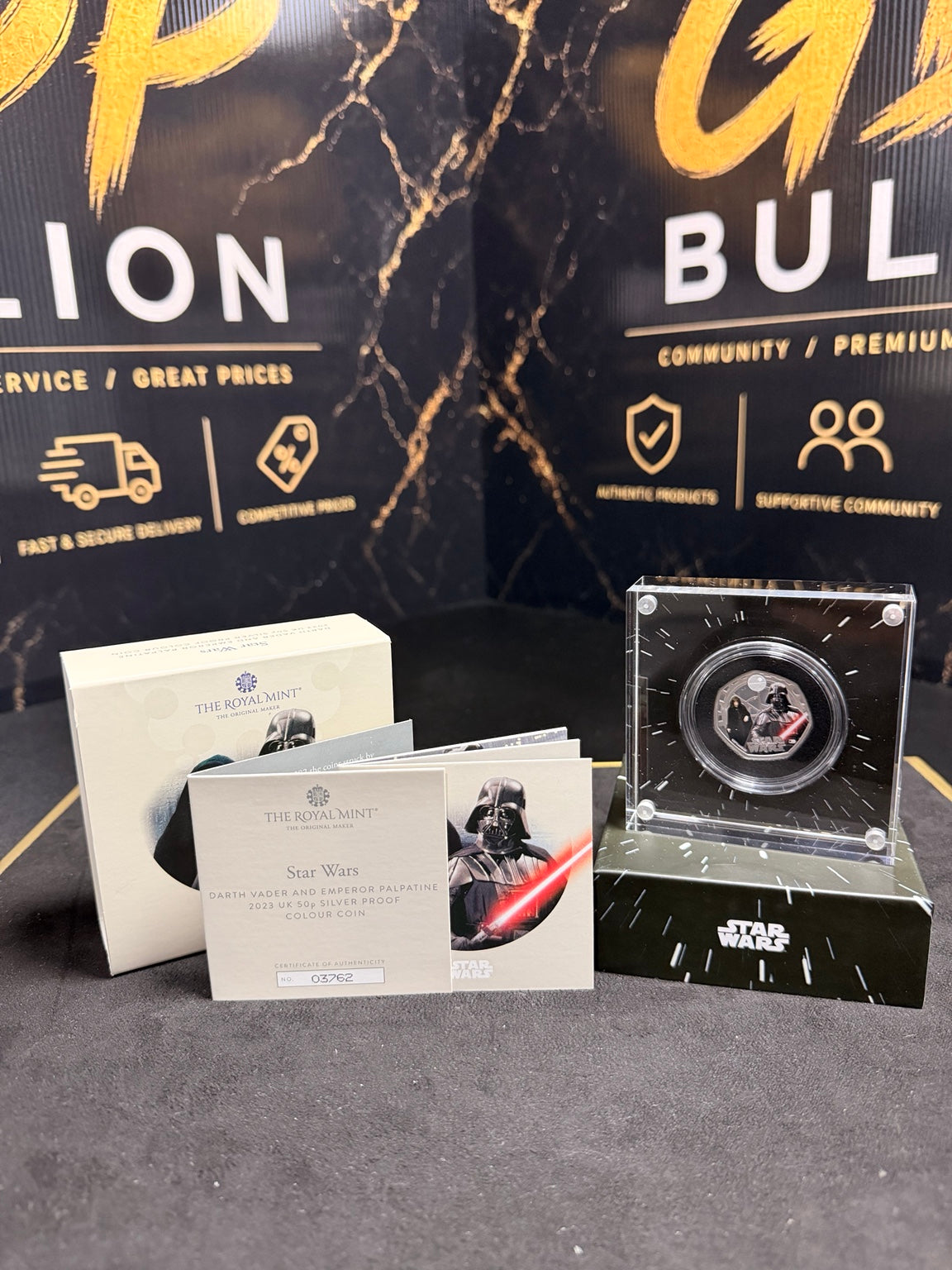 Complete 2023 Darth Vader Emperor Palpatine silver proof 50p with numbered COA 03762 and display