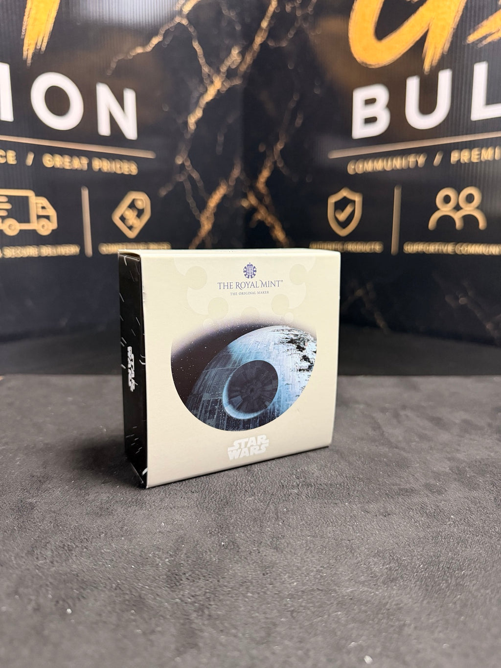 Actual Death Star II Royal Mint original outer sleeve front with minor visible corner wear