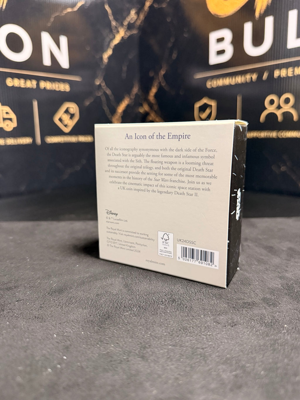 Actual original Royal Mint Death Star II 2024 presentation box rear, product UK24DSSC