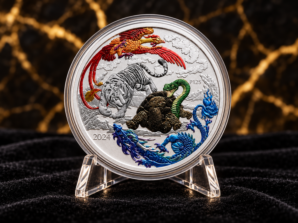 Front of the 2024 Perth Mint Four Guardians Lan Blue Dragon colourised 1oz silver coin