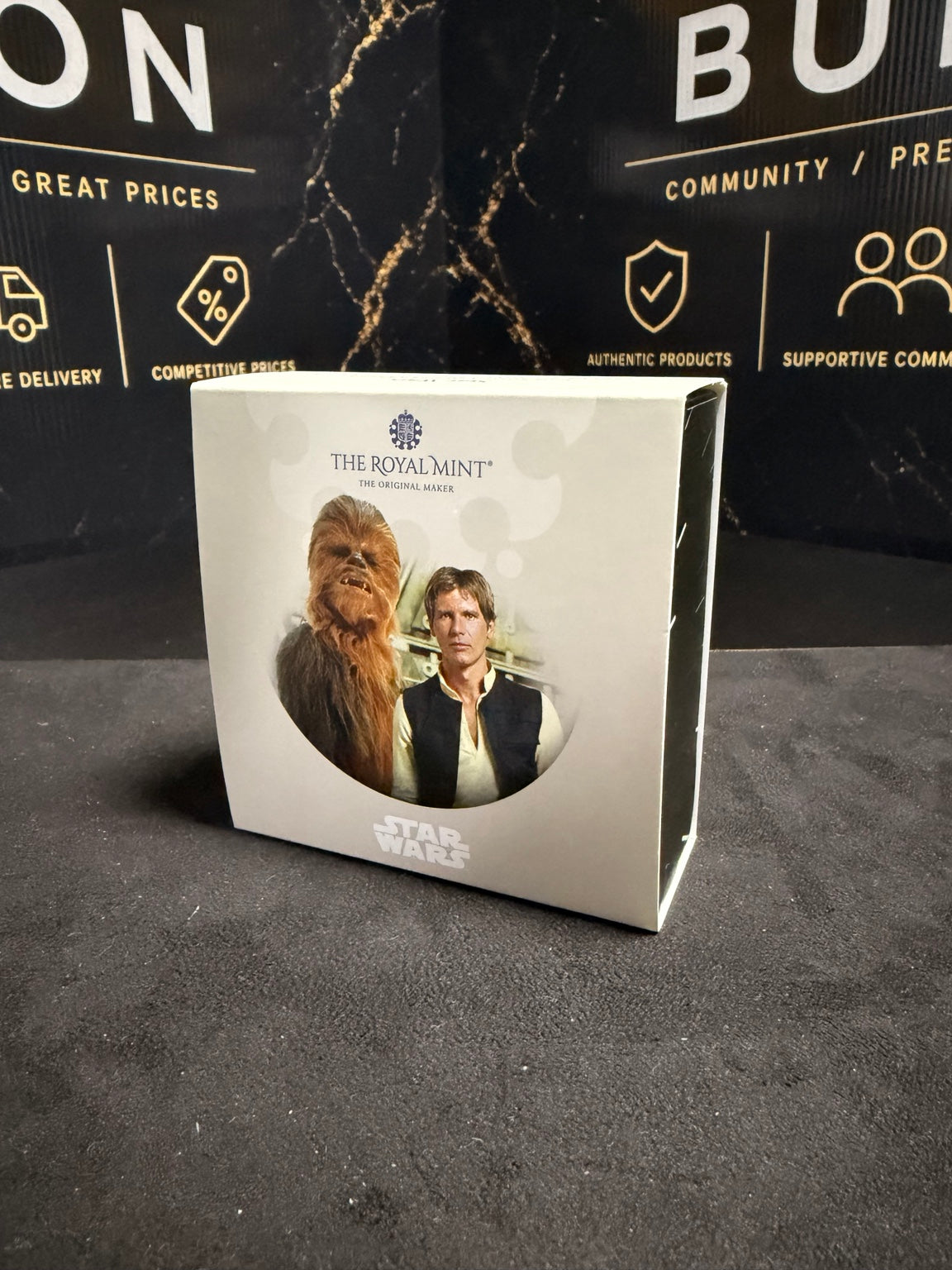 Original Royal Mint Han Solo Chewbacca box showing actual condition