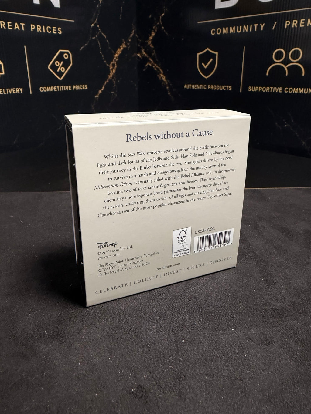 Reverse of original Royal Mint Han Solo Chewbacca presentation box UK24HCSC
