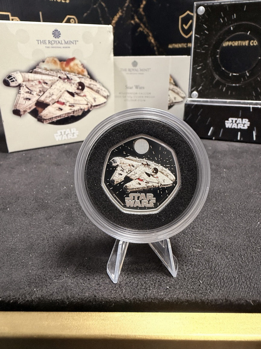 Actual 2024 Royal Mint Star Wars Millennium Falcon coloured 50p silver proof coin front in capsule