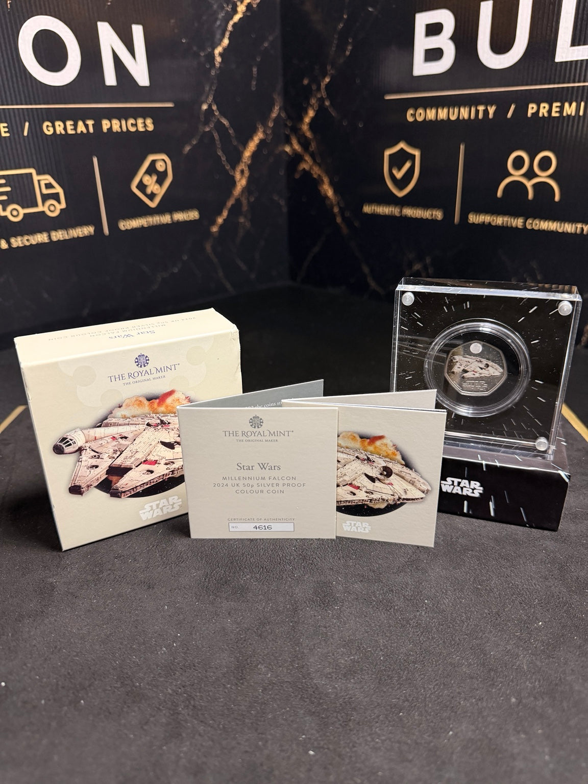 Actual complete Royal Mint Millennium Falcon colour silver proof 50p set with display and Certificate of Authenticity 4616