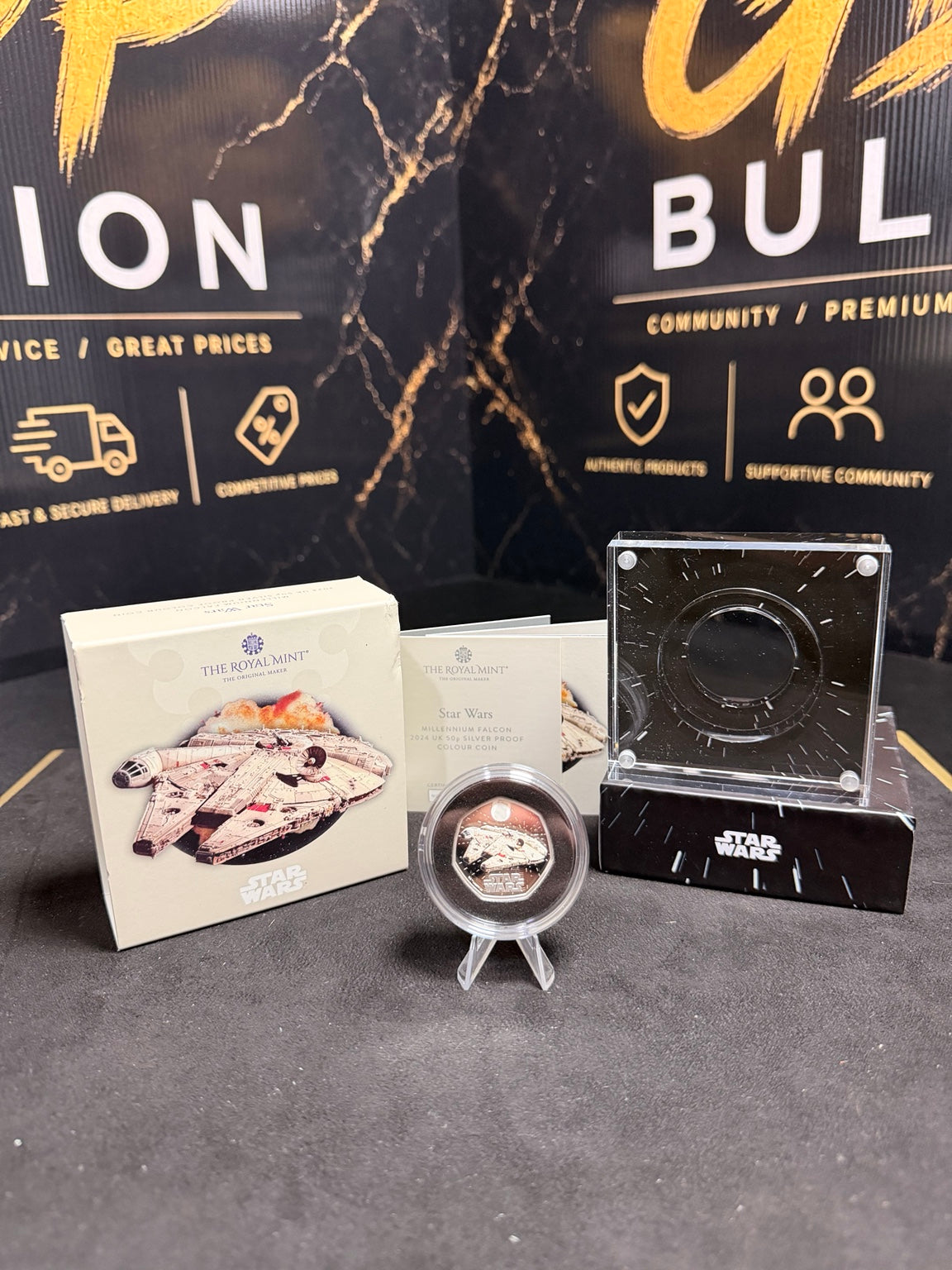 Complete Star Wars Millennium Falcon silver proof 50p with original acrylic display case and packaging