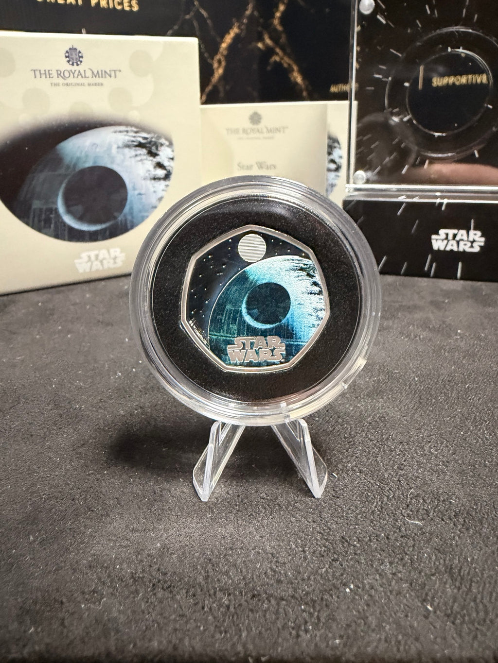 Actual 2024 Royal Mint Star Wars Death Star II silver proof 50p coloured coin close-up